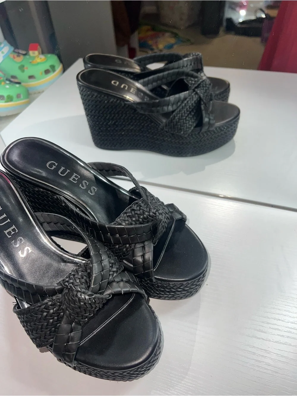 GUESS Black Eveh Knotted Jute Wrapped Platform Wedge Sandals